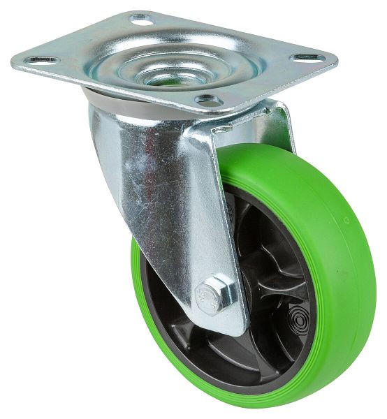 BS rollen transportwiel zwenkwiel, thermoplastisch rubberen wiel, groene band, rollager, plaat, diameter: 100 mm, verpakking: 4 stuks, L400.B44.101.04