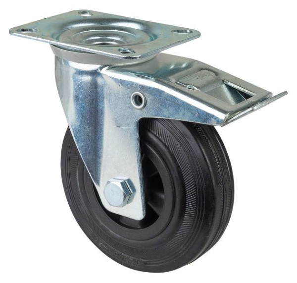 BS rollen transportrol met rem, breedte 37,5 mm, Ø125 mm, tot 100 kg, zwart rubber, rollager, plaat, VE = 2 stuks, L420.B45.125