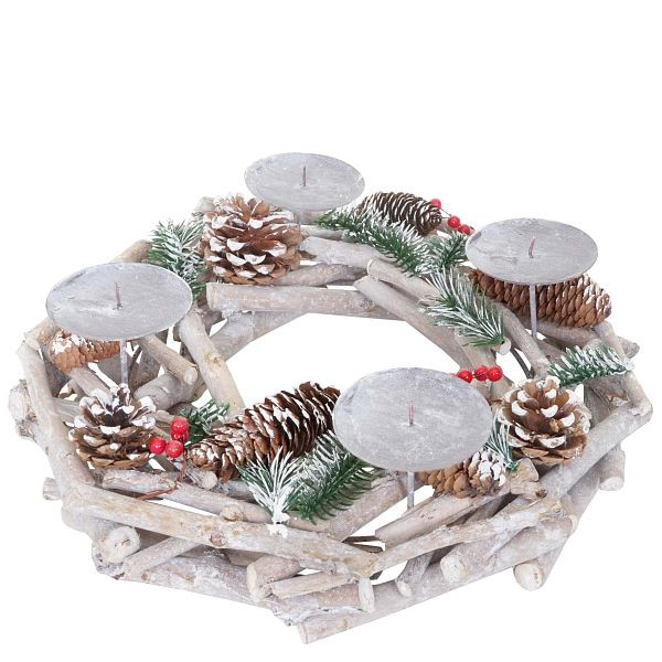 Mendler adventskrans rond, kerstversiering tafelkrans, hout Ø 35cm witgrijs, zonder kaarsen, 56573