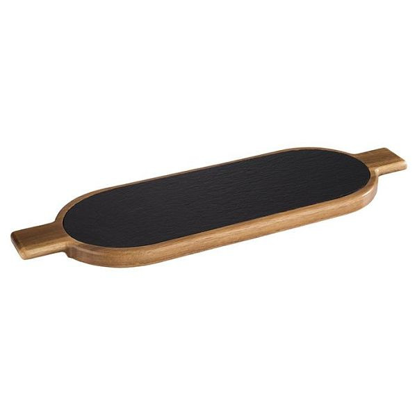 APS serveerplank, 2 delen, 40 x 15 cm, hoogte: 2 cm, acaciahout, natuurlijke leisteen, handgrepen: 5 cm, 00812