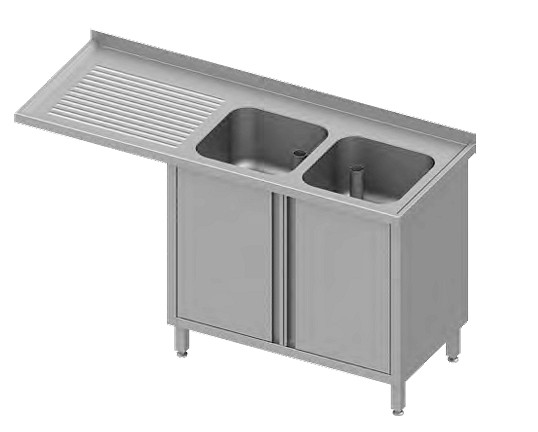 Stalgast spoelbakkast met draaideuren en overstek 1700x700x900 mm, met links twee spoelbakken, met opstand, gelast, VSK17725LA
