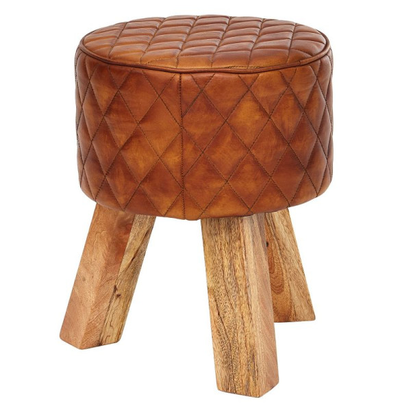 Wohnling kruk echt leer/massief hout 35x46x35 cm modern rond, WL6.090