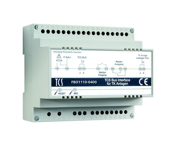 TCS-interface (TKI) voor aansluiting op telecommunicatiesystemen via analoge poort, tot 64 oproepbestemmingen (16-cijferig telefoonnummer), DIN-rail 6 HP, versie 2020, FBO1110-0400