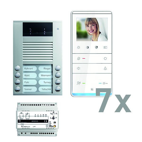 TCS deurbediening video: pack AP voor 7 wooneenheden, met voordeurstation AVE 8 belknoppen, 7x video handsfree luidspreker IVW5111, besturing, PVE16070-010