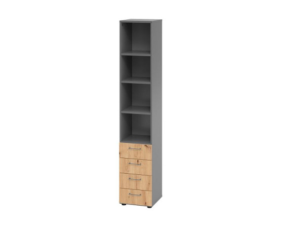 Hammerbacher combikast 6OH, 4 laden 964S4 BS, romp: grafiet / front: knoestig eiken, 40x41,7x215,6 cm (BxDxH), 4 laden, metalen handgreep BS, V964S4/G/R/BS