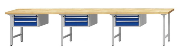 ANKE combinatie werkbank; 3 werkplekken; 4050x700mm; 3x onderkast 660x615x330 mm, 3 laden 60, 90, 120 mm