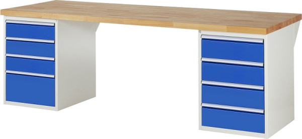 RAU werkbank serie 7000 - modulaire opbouw, 2x onderbouwcontainers (4x laden) links en rechts, 2500x840x900 mm, 03-7820A3-259B4S.11