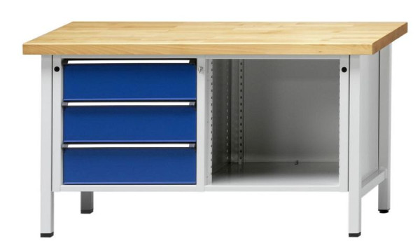ANKE kastwerkbank; 1500 x 700 mm; RAL 7035/5010; Links 3 laden 180 mm; Rechts open onderwerp