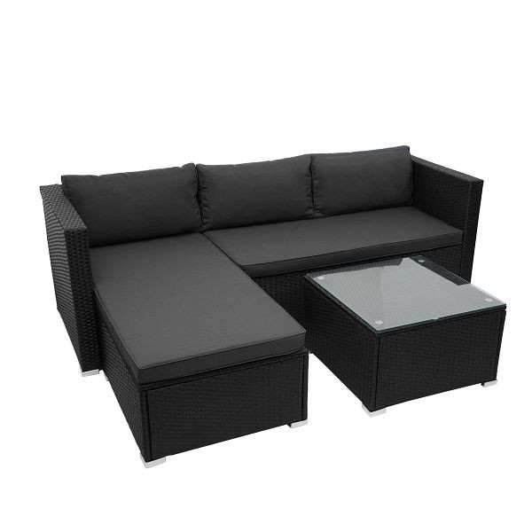 Mendler poly rotan set HWC-F57, balkon/tuin/loungeset bank zitgroep, zwart, donkergrijze kussens zonder sierkussens, 69830+69831