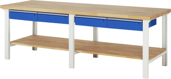 RAU werkbank serie 7000 - modulair ontwerp, 4 onderladen, massief beukenhouten legbord, 2500x840x900 mm, 03-7002A7-259B4S.11