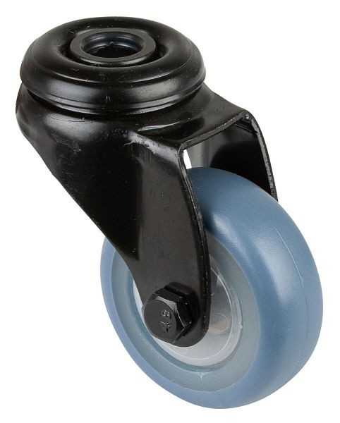 BS Castors Zwenkwiel zwart, thermoplastisch rubber wiel lichtblauw, natuurlijke velg, kogellager, achtergat, diameter: 50 mm, VE 8 stuks, A801.A85.050.05