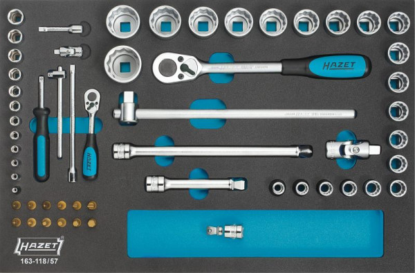 Hazet dopsleutelset, hol vierkant 12,5 mm, hol vierkant 6,3 mm, binnenzeskant profiel, Phillips profiel PH, aantal gereedschappen: 57, 163-118/57