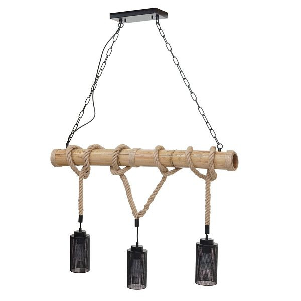 Mendler hanglamp HWC-H82, hanglamp hanglamp, industriële vintage bamboe touw metaal zwart, 3x buisvormige lampenkap, 74205