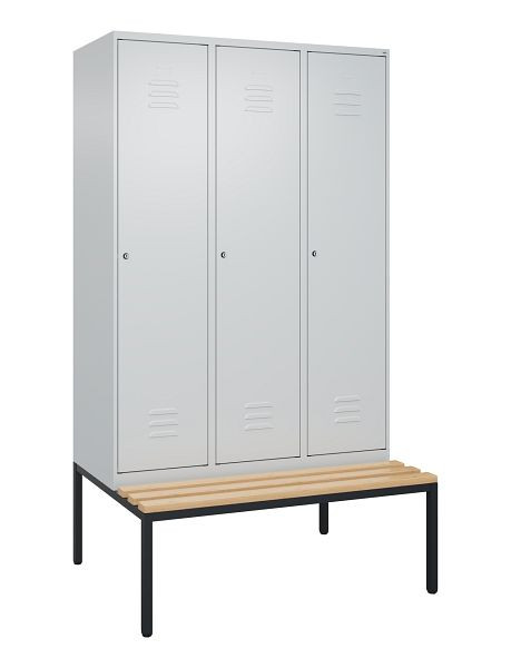 C+P luierkastje Classic PLUS met middenwand, bank, 3 vakken, 2120x1200x815mm, 7035/7035, cilindersloten, beukenhouten zitlatten, 0800507-32F S10053