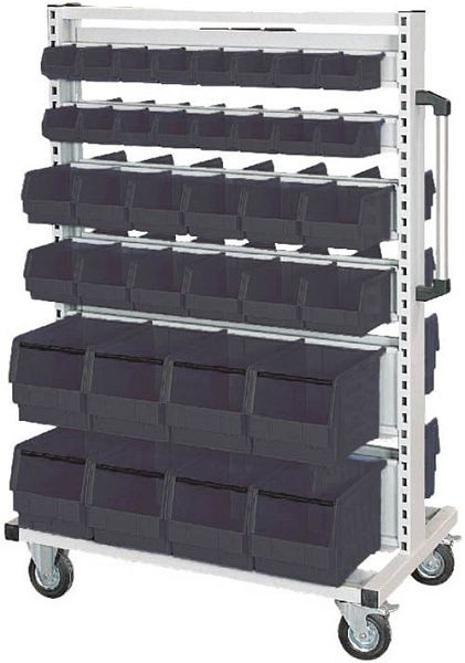 Bedrunka + Hirth multitrolleys voorzien van rails voor het ophangen van open fronted opbergboxen, afmetingen in mm (BxDxH): 990 x 610 x 1450, ESD07.58.12