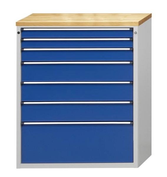 ANKE gereedschapskast; 1060 x 675 x 1280 mm; RAL 7035/5010; Kuip met antislipmat; 7 laden 90, 90, 120, 180, 180, 180, 360 mm, 610.516