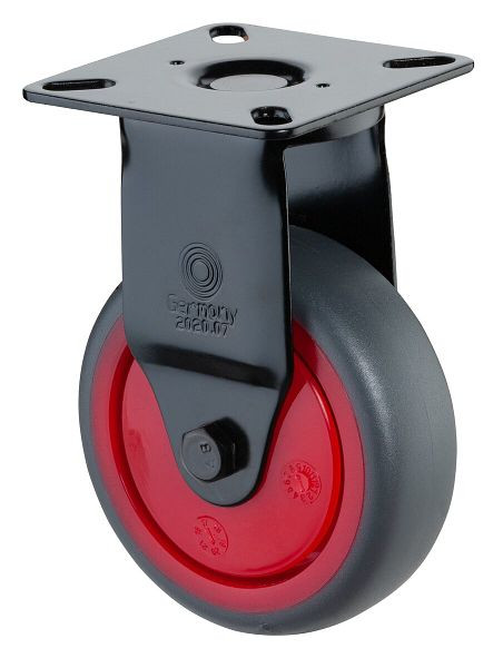 BS Castors Bokwiel zwart, thermoplastisch rubber wiel grijs, velg rood, kogellager, plaat, diameter: 75 mm, verpakking: 4 stuks, A810.A85.075.03