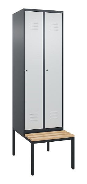 C+P Umkleidespind Classic PLUS, mit untergebauter Sitzbank, 2 Abteile, 2120x600x815mm, 7016/7035, Zylinderschlösser, Buche-Sitzleisten, 0800507-20 S10057