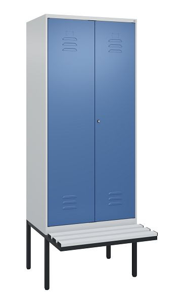 C+P Umkleidespind Classic PLUS, Doppel-Spind, 2 Abteile, 2120x800x815mm, 7035/5023, Zylinderschloss, Untergestell & Sitzfläche, 0800427-22P S10020