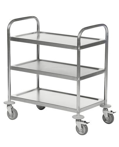 Kongamek roestvrijstalen plankenwagen KM, 3 planken, 100 kg, 710x400 mm, 4 PU-zwenkwielen, rem, 255343