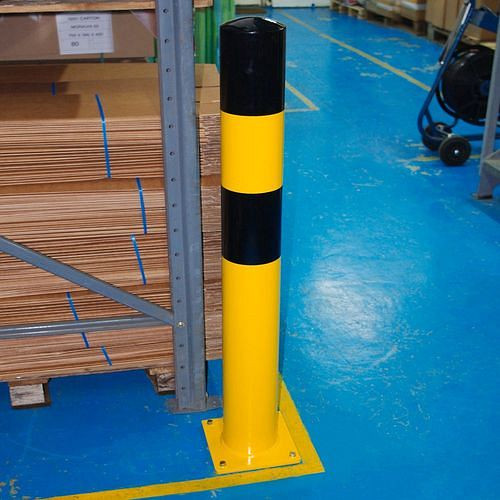 Moravia stootbeschermingspaal, geel gecoat, zwarte strepen, voor pluggen met voetplaat, Ø: 90 mm, 311073