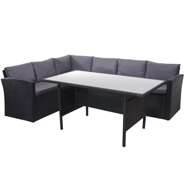 Mendler poly rotan set HWC-A29, tuinset, lounge eettafel set, zwart, donkergrijze kussens, 64388+64389