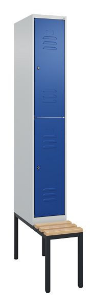 C+P dubbeldekkerkast Classic PLUS, 2120x300x815mm, 7035/5010, cilindersloten, beukenhouten zitlatten, met zitbank eronder, 0803507-10 S10093