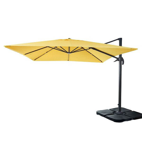 Mendler gastronomie verkeerslichtparaplu HWC-A96, paraplu 3x3m (Ø4,24m) polyester aluminium/staal 23kg, geel met standaard, 153408+153437+31831