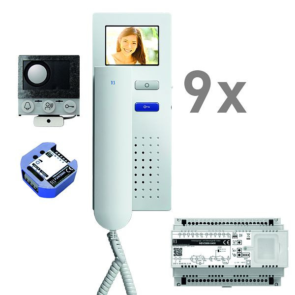TCS video inbouw brievenbus, 9 woonunits, ingebouwde luidspreker ASI12000 + 9x deurtelefoon IVH3222, besturingsapparaat + video 2-draads zender, PVIH090/001