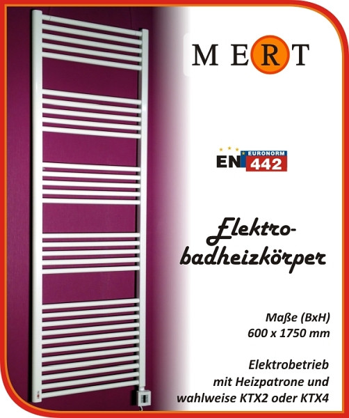 MERT elektrische badkamerradiator wit, recht, 600 x 1750 mm, gevuld, E1-60x175-B