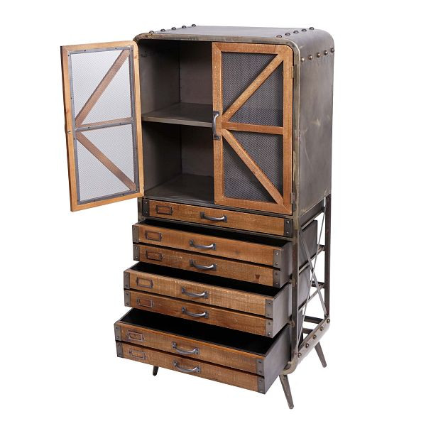 Mendler hoge kast HWC-F91, apothekerskast, woonkamerkast, industrieel vurenhout metaal 128x60x33cm, bruinzwart, 70613
