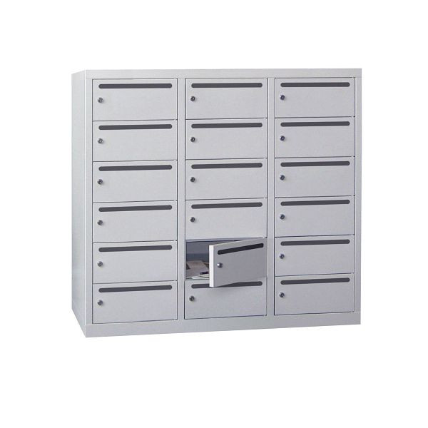 Pavoy Schließfach-Hängeschrank 1087/500/1200, 3b x 6h, Zylinder, Abteilbreite 400 mm, Briefschlitz 20 mm, Winkelschiene, 61213-364-941-611512
