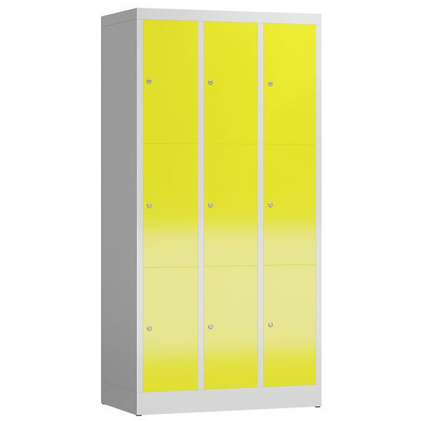 Lüllmann ClassiX lockerkast, 3 compartimenten met elk 3 compartimenten, 1800 x 870 x 500 mm, lichtgrijs/zinkgeel, X-520336