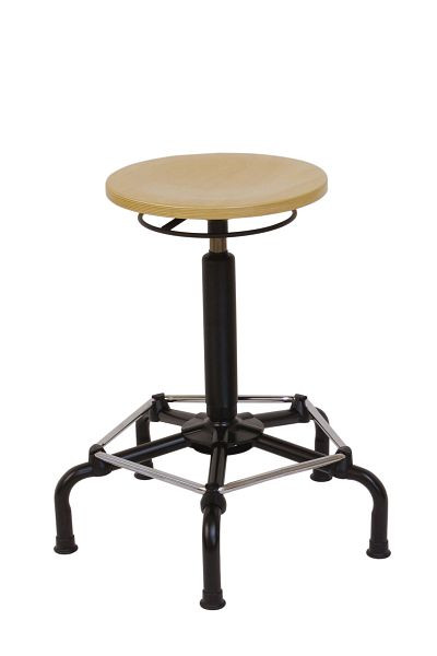 Lotz Arbeitshocker, Sitz Buche mit Ringauslösung, Sicherheitsgasfeder, sehr stabiles Stahlfußkreuz, Sitzhöhe 570-760 mm, Gleiter, 3530.02