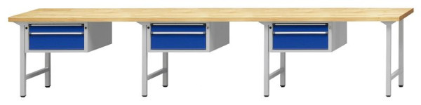 ANKE combinatie werkbank; 3 werkplekken; 4050x700 mm; RAL 7035/5010; 3x onderkast 660x615x330 mm, 2 laden