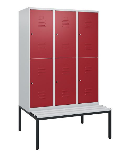 C+P dubbeldekskast Classic PLUS, 3 vakken, 1950x1200x815mm, 7035/3003, cilindersloten, met bank eronder, 0803505-32 S10076
