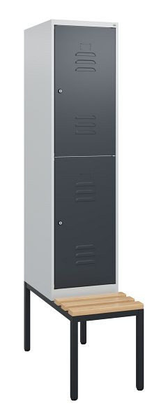 C+P dubbeldekkerkast Classic PLUS, 1950x400x815mm, 7035/7016, cilindersloten, zitlat van beukenhout, met zitbank eronder, 0803505-12 S10038