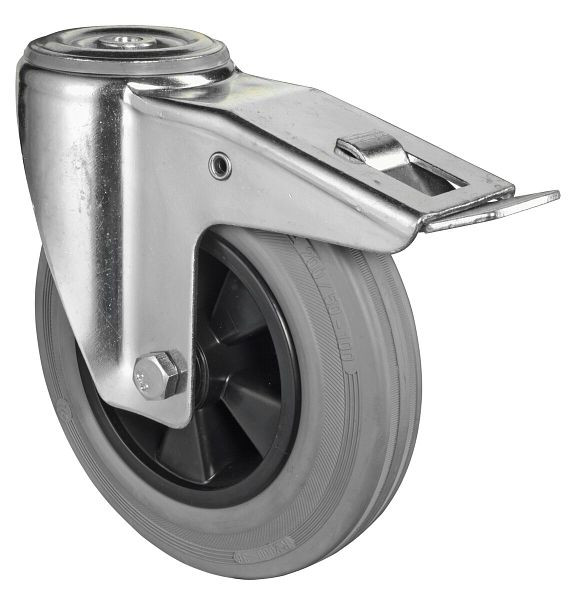 BS rollen transportrol met rem, breedte 50 mm, Ø200 mm, tot 200 kg, grijs rubberen loopvlak, kunststof wiellichaam, rollager, L121.B46.200