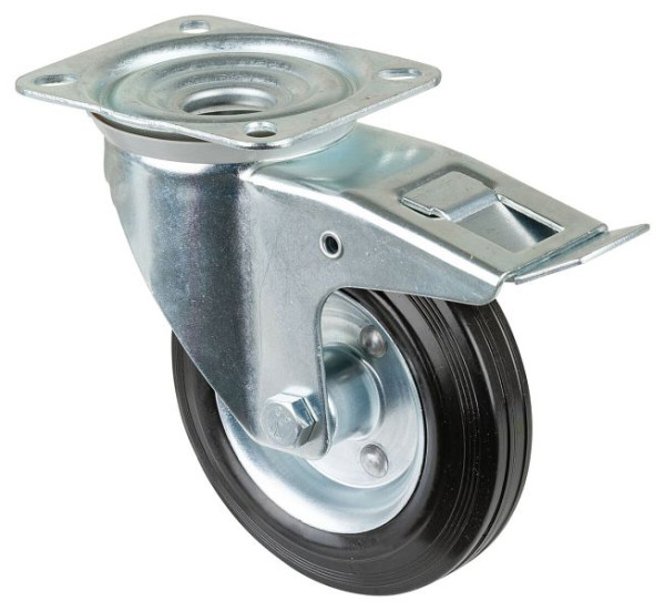 BS rollen transportrol met rem, breedte 40 mm, Ø160 mm, tot 135 kg, zwart rubber, wiellichaam stalen velg, rollager, plaat, L420.B58.160