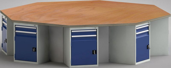 KLW standaard werkbank in achthoekige vorm met beuken multiplex blad in achthoekige vorm 3259 x 3259 x 40 mm L x B x S, WS670N-1350M40-E8006