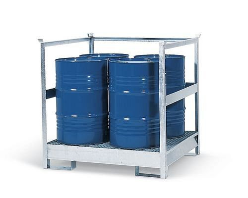 DENIOS station voor gevaarlijke goederen 4 P2-R van staal, verzinkt, voor 4 vaten van elk 200 liter, met frame, stapelbaar, 114-480