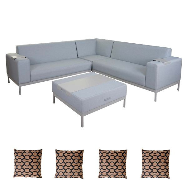 Mendler HWC-C47 aluminium tuinset, sofa, outdoor stof/textiel, blauw met plank, bruine kussens, 58493+58494+58495+4x51886