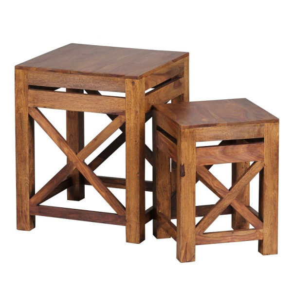 Wohnling set van 2 bijzettafels PALI massief sheeshamhout, ontwerp donkerbruine landhuisstijl, WL1.561