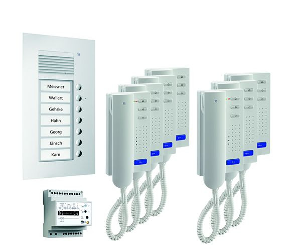 TCS deurbedieningssysteem audio: pack UP voor 7 wooneenheden, met buitenpost PUK 7 belknoppen, 7x deurtelefoon ISH3030, bedieningseenheid BVS20, PPU07-EN / 02