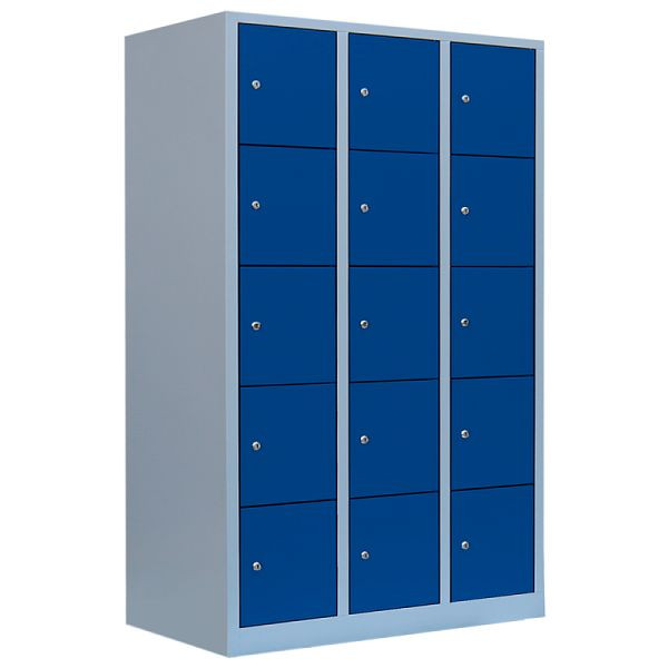 Lüllmann XL lockerkast, 3 compartimenten, 15 compartimenten, 1900 x 1185 x 450 mm, lichtgrijs/gentiaanblauw, 523931