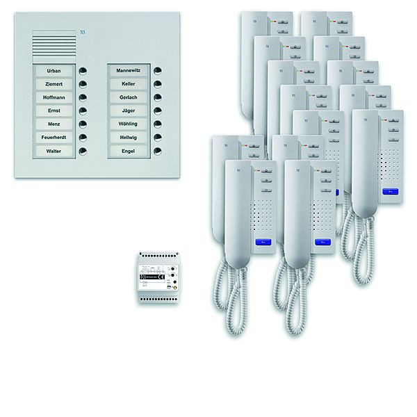 TCS deurbedieningssysteem audio: pack UP voor 14 wooneenheden, met buitenpost PUK 14 belknoppen 2-koloms, 14x deurtelefoon ISH3030, bediening, PPU14 / 2-EN / 02