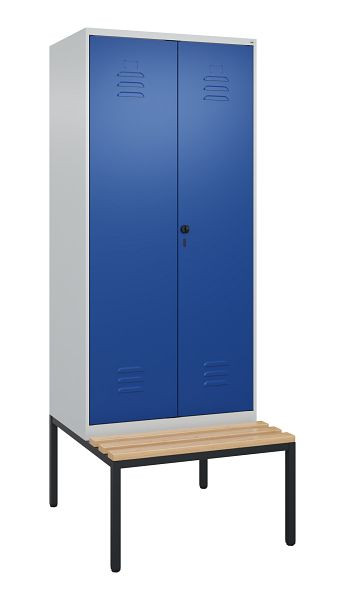 C+P luierkastje Classic PLUS, 2 vakken, 2120x800x815mm, 7035/5010, draaigrendel, met onderbank, beukenhouten zitlat, 0800527-22P S10003