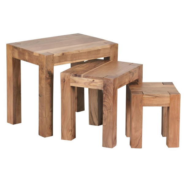 Wohnling set van 3 bijzettafels MUMBAI massief hout acacia landhuisstijl donkerbruin natuurlijk hout, WL1.444