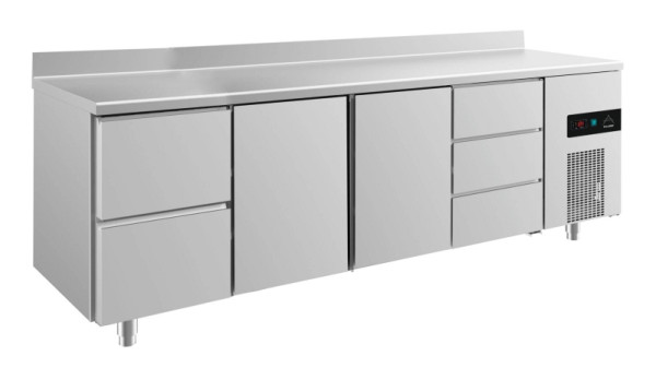 A&S Polarny koeltafel -2 tot +8°C met 2x deuren, twee laden links en drie laden rechts, 2330 x 700 x 850 mm, met opstand, KT4ZTTDA