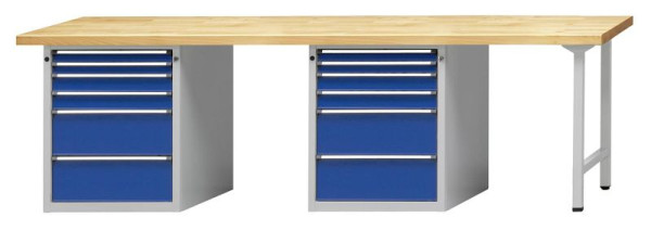 ANKE combinatie werkbank; 2 werkplekken; 2800x700mm; Links en in het midden 1 plintkast 660x615 mm, 6 laden, model 914 V